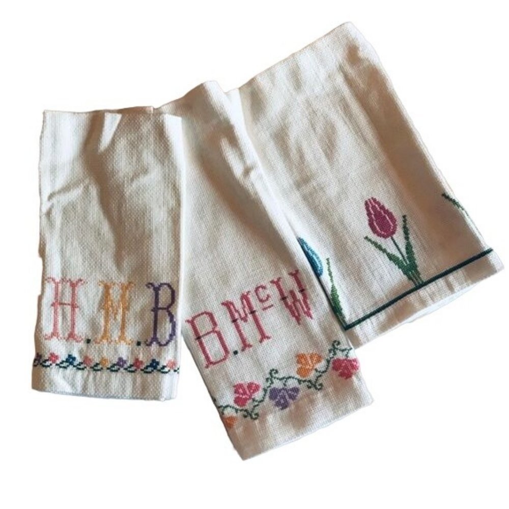 Vintage Embroidered Hand Dish Kitchen Tulips Colorful Tea Towel Set - Picture 1 of 8